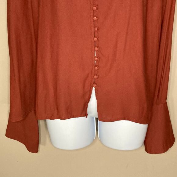 Free People Button Down Front Top Collar Flared Sleeves Rust Burnt Orange Size M - Picture 6 of 16